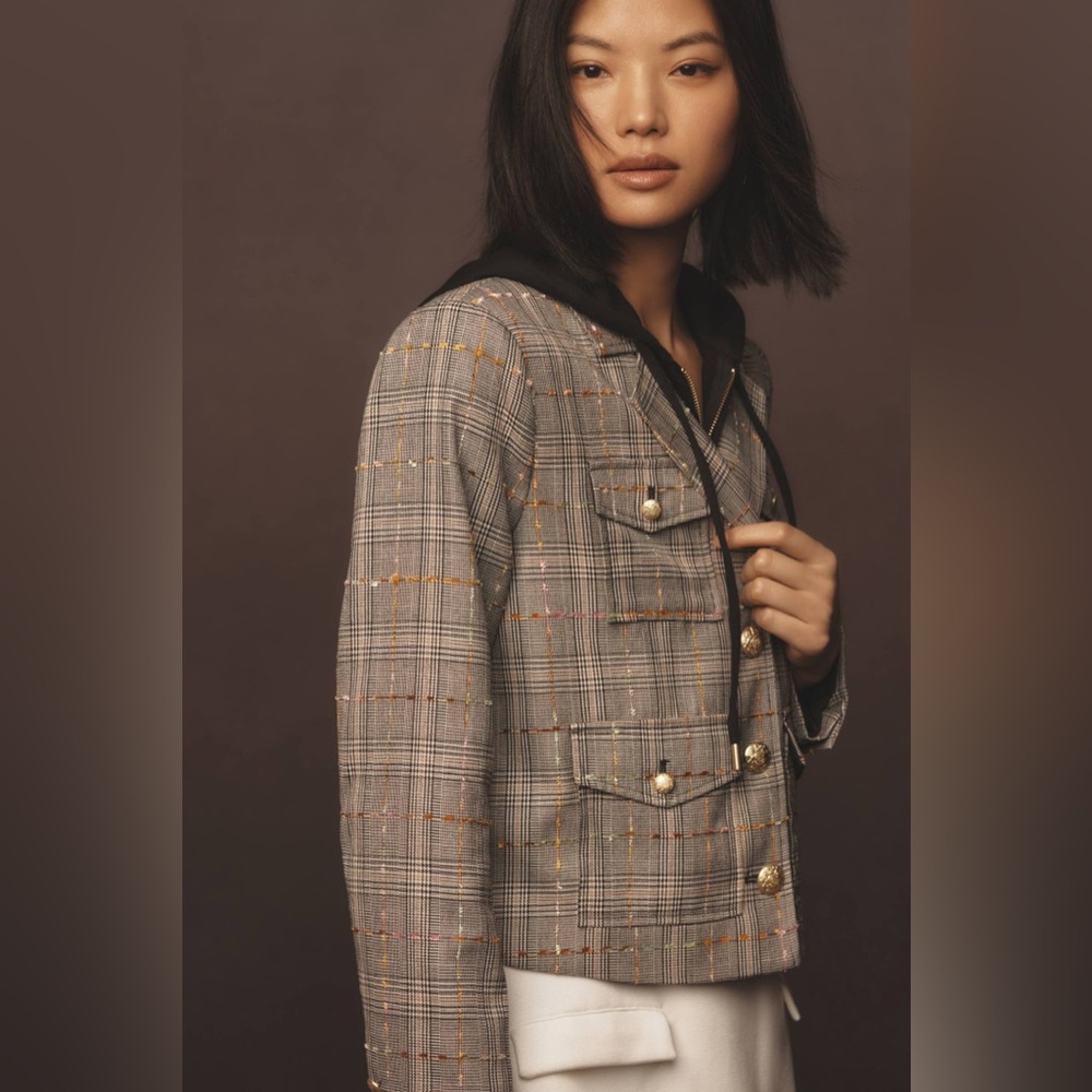 By Anthropologie Glen Plaid Tweed Blazer with Gold Buttons MISSING HOODIE Med - Picture 2 of 11